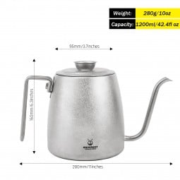 Titanium 1200 ml Pour Over Kettle mit Abmessungen und Gewicht