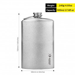 Titanium Hip Flask 500 ml mit Abmessungen und Gewicht