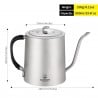 Titanium Pour Over Kettle Braided Handle mit Abmessungen und Gewicht