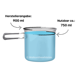 Evernew Titanium Non-Stick Deep Pot 0,9 L mit Abbildung zum real nutzarem Füllvolumen