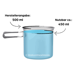 Das nutzbare Volumen fällt beim Evernew Ti Ultralight Mug Pot 500 geringer aus