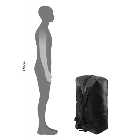 Ortlieb Duffle schwarz 110l Schema mit Person zum Größenvergleich