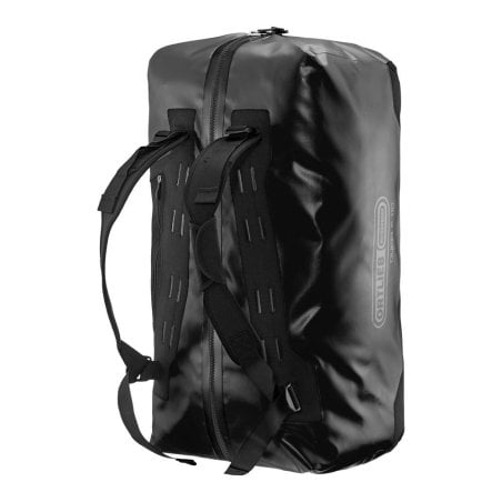 Ortlieb Duffle schwarz 110l aufrecht stehend mit Rucksackträgern