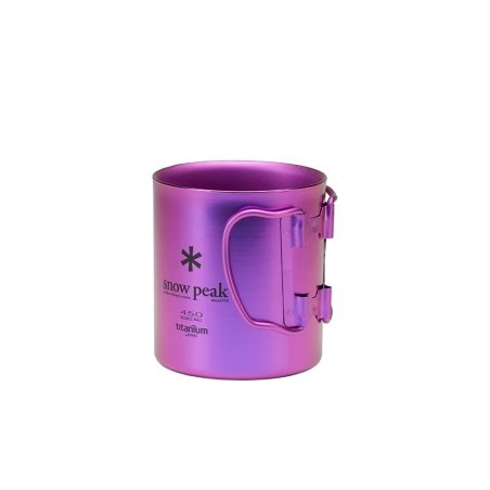 Snow Peak Titanium Double Wall Cup Lila mit eingeklappten Griffen