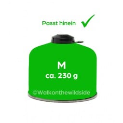 Im Toaks Titanium 1100ml Pot mit Henkel ist Platz für eine 230 g Kartusche, am Rand bleibt dabei noch Platz