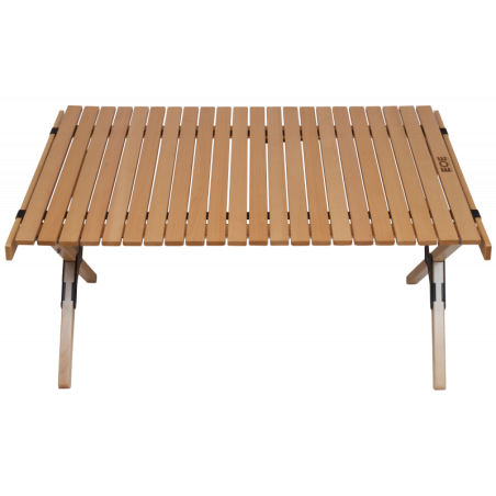 EOE Desch M Holz Campingtisch seitliche Ansicht auf den Rolltisch