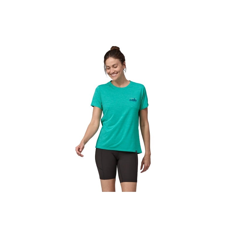 Vorderseite Patagonia Capilene Cool Daily Graphic Shirt Damen in Gr. S beim Model Größe 175 cm Vorderseite Patagonia Capilene Cool Daily Graphic Shirt Damen in Gr. S beim Model Größe 175 cm