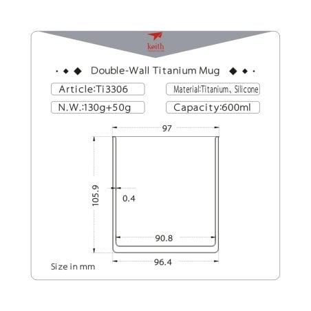 Maße und Querschnitt Keith Titanium Thermobecher mit Trinkdeckel 600ml (Ti3306)