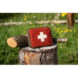 Waldkauz Erste-Hilfe-Set AIDgenosse auf einem Baumstamm