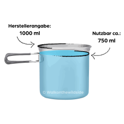 Der New RIver Pot in dem Kochset mit dem Amicus ohne Piezo bietet ein real nutzbares Volumen von ca. 750 ml