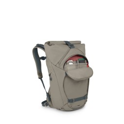 Osprey Metron 22 Tagesrucksack Tan Concrete mit geöffnetem Frontfach