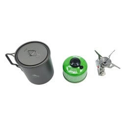 Walkonthewildside Pot 750 Gaskocher Spar-Bundle Topf, Kocher und Kartusche nebeneinander