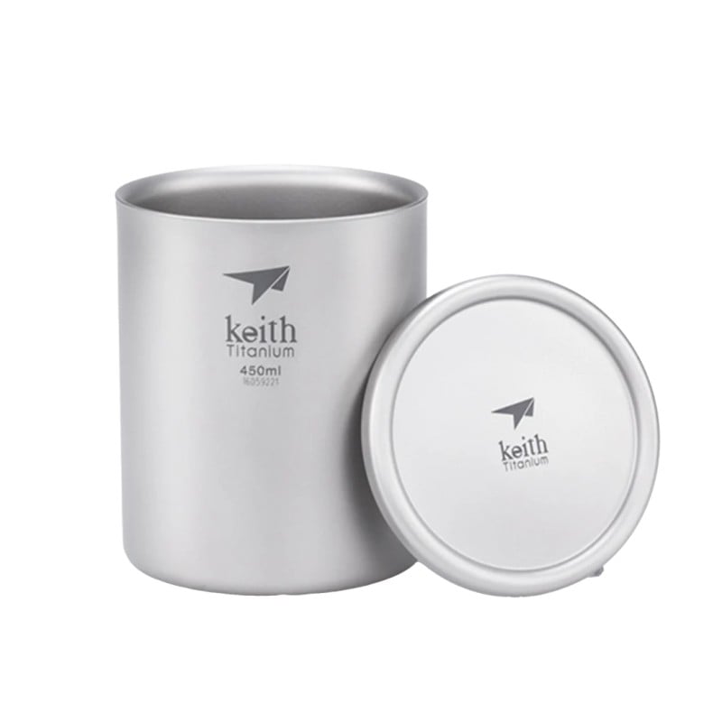 Keith Titanium Thermobecher 450ml Ti3303 mit Deckel daneben Keith Titanium Thermobecher 450ml Ti3303 mit Deckel daneben