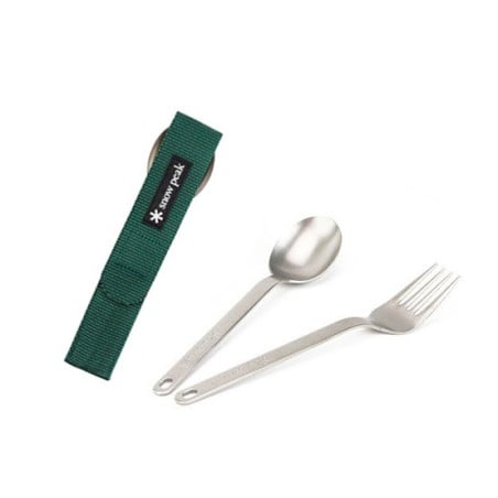 Snow Peak Titanium Fork & Spoon Set SCT-002 mit grüner Hülle
