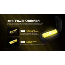 Nitecore HA15 UHE Stirnlampe kann mit Akku (enthalten) oder AA Batterien betrieben werden