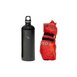 Exped Bike + Hike Poncho UL mit kleinem Packmaß verglichen mit 1L Trinkflasche