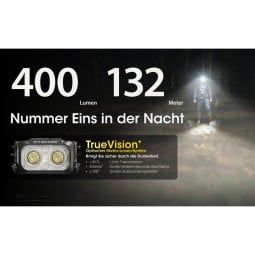 Nitecore NU25 MCT UL Stirnlampe - 400 Lumen, die bis zu 132 Meter weit leuchten.