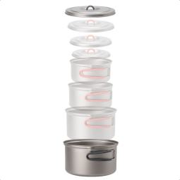 Evernew Ti Pot 1900 T0.4 kann mit den kleineren Töpfen 1,3l, 0,9l und 0,6l genestet werden