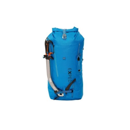 Exped Black Ice 45 wasserdichter Rucksack mit Eisgerät abgebildet