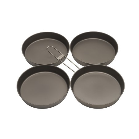 Toaks Titanium Deep Pan 165 Set 4pcs CS-10 Pfanne mit drei Tellern nebeneinander