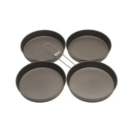 Toaks Titanium Deep Pan 165 Set 4pcs CS-10 Pfanne mit drei Tellern nebeneinander