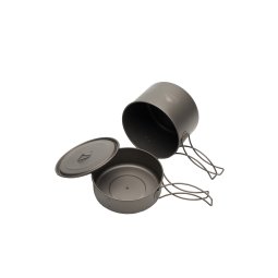 Toaks Titanium Compact Cookset Topf mit Pfanne daneben