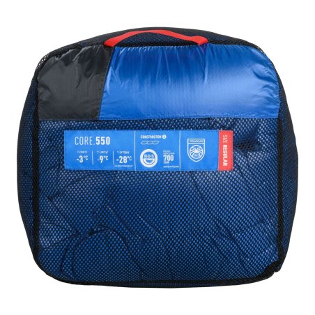 Pajak Core 550 Daunenschlafsack Blue hat seine Eckdaten auf dem Packsack aufgedruckt