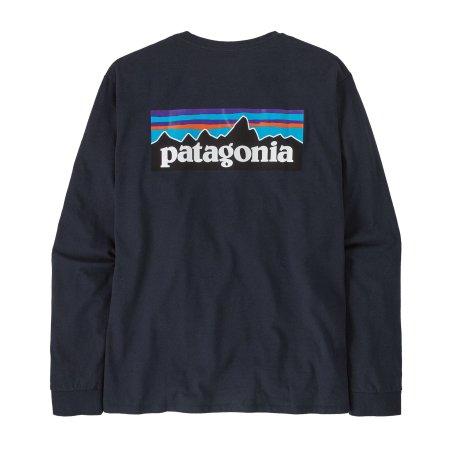Patagonia Long-Sleeved P-6 Logo Responsibili-Tee New Navy mit großem Logo auf der Rückseite
