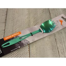 Toaks Titanium Spork Anodisiert Green mit Verpackung abgebildet