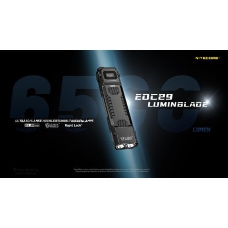 Nitecore EDC29 LUMINBLADE Taschenlampe Gesamtansicht mit Key Features