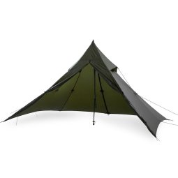 ultraleichtes Liteway PyraOmm Plus Tarp oliv mit separat erhältlichem Trekkingstpck aufgebaut
