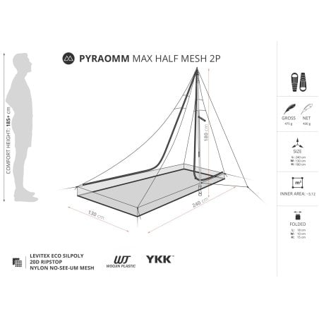 Datenblatt Liteway PyraOmm Max Half Mesh Shelter mit Abmessungen