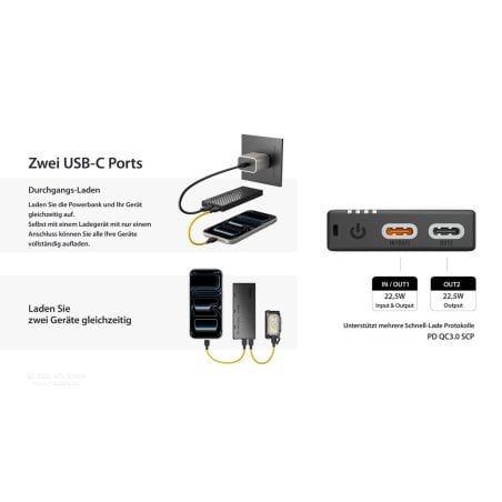 Nitecore NB10000 Gen4 Powerbank ist durchladefähig und kann 2 Geräte parallel laden