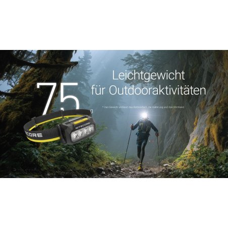 ohne Akku wiegt die Nitecore HA27 UHE Stirnlampe nur 75 g