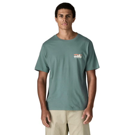 Patagonia '73 Skyline Organic T-Shirt in Blue Sage getragen an Model mit 185cm Größe