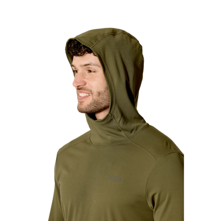 Rab Force Hoody UV-Schutz Langarmshirt Oliv aufgesetzte Kapuze mit hoch schließendem Kragen