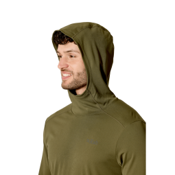Rab Force Hoody UV-Schutz Langarmshirt Oliv aufgesetzte Kapuze mit hoch schließendem Kragen