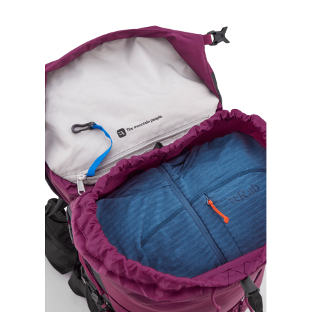 Blick unter das Deckelfach am Rückseite Rab Airox ND34L Wanderrucksack Damen Mulberry Black