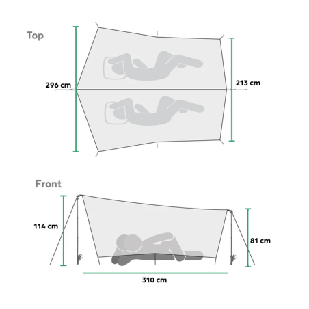 Abmessungen Gossamer Gear Twinn Tarp von oben und von der Seite