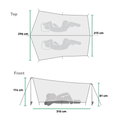 Abmessungen Gossamer Gear Twinn Tarp von oben und von der Seite