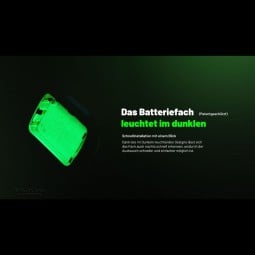 Nitecore UT27 MB Stirnlampe wasserfest nach IP66 mit leuchtenden Batteriefach zur schnellen Orentierung Nachts.