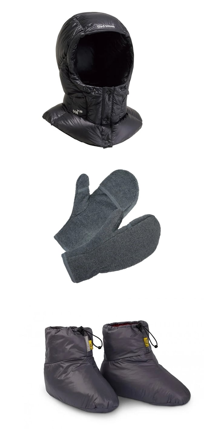 Beispiel für eine wärmende Kopfbedeckung (Down Balaclava), Handschuhe und gefütterte Hüttenschuhe